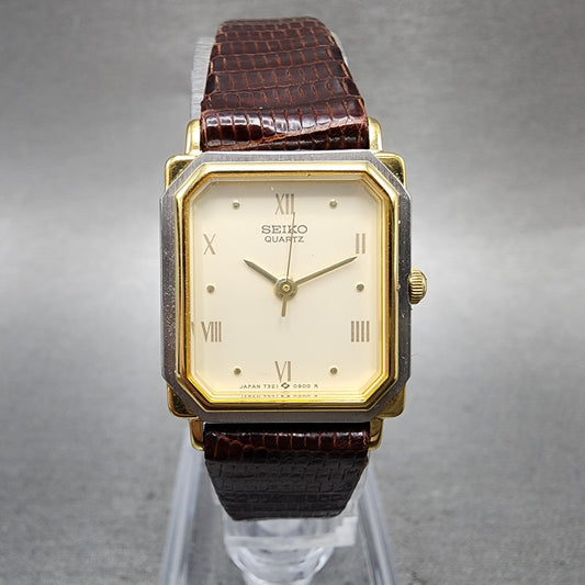 Seiko Tank Watch Women 20mm White Dial Two Tone Rectangle 73215470 New Battery0