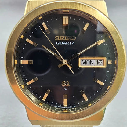 Seiko SQ Watch Men 35mm Black Dial Gold Tone Daydate 7123-8030 New Battery VTG1