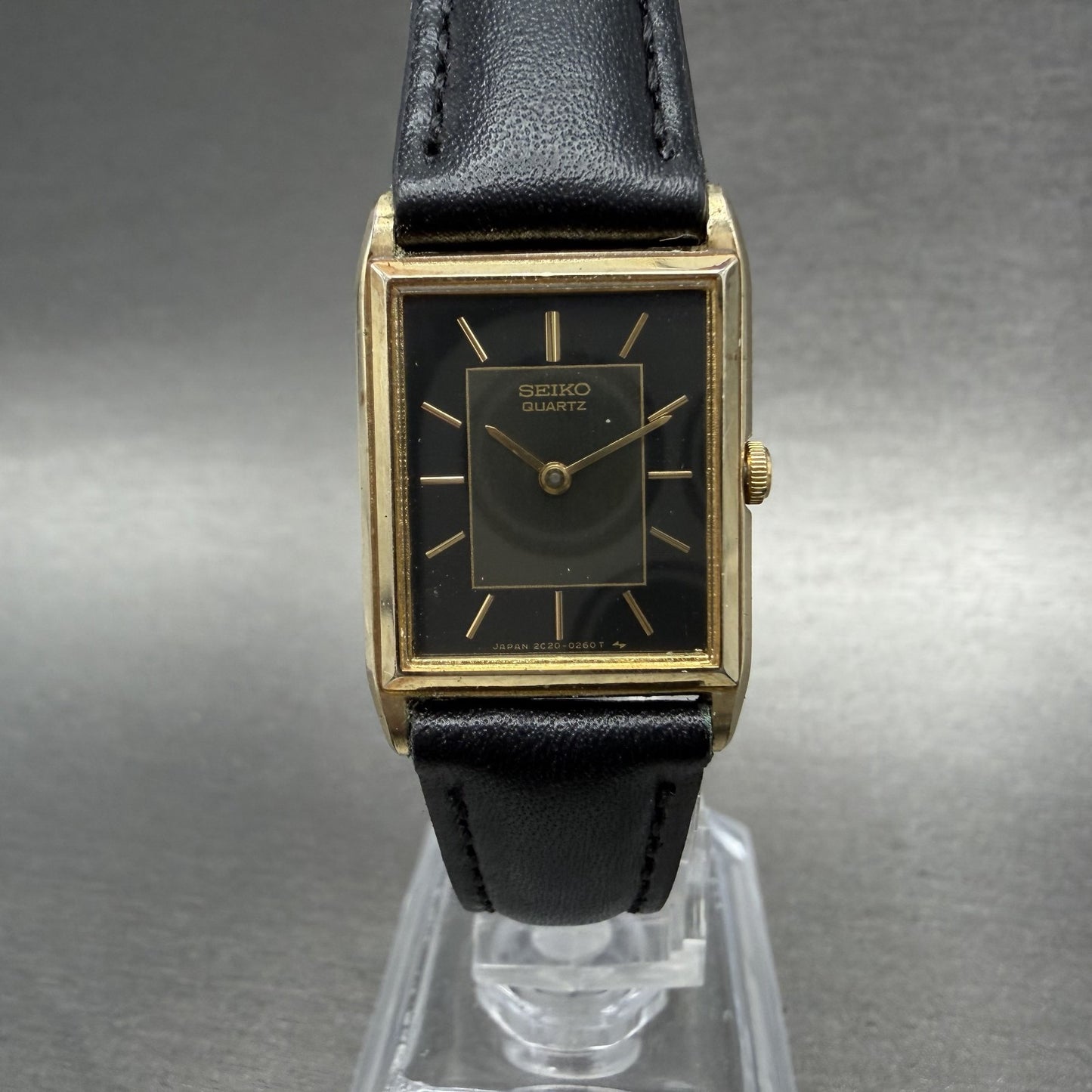 Seiko Tank Watch Women 19mm Black Dial Gold Tone Rectangle 2C20-5100 New Battery0