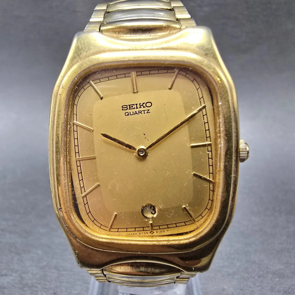 Seiko Tank Watch Men 30mm Gold Dial Gold Tone Rectangle 5y39-5089 PARTS JP0