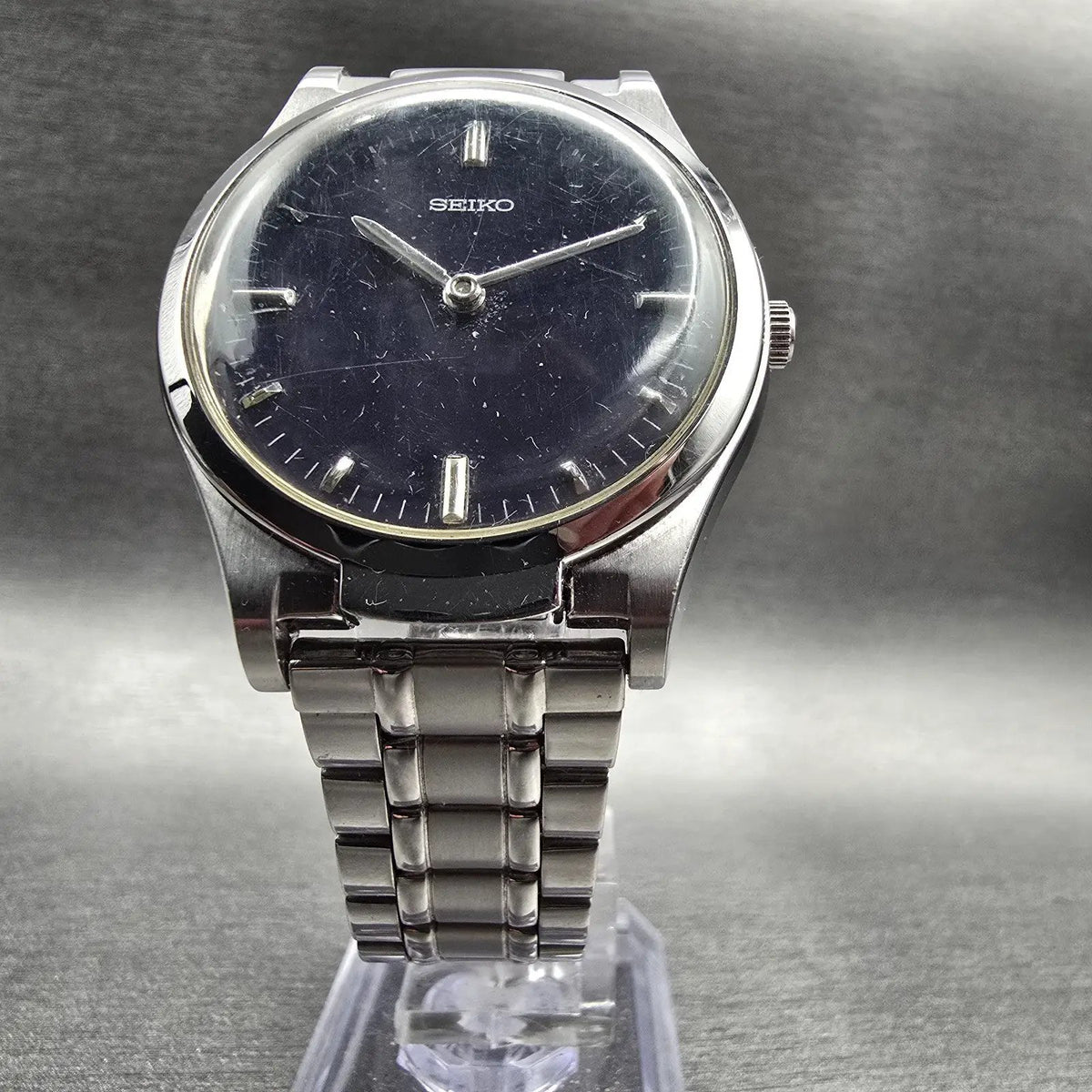 Seiko Watch Men 35mm Blue Dial Silver Tone Round 7C17-8000 Braille New Batt VTG5