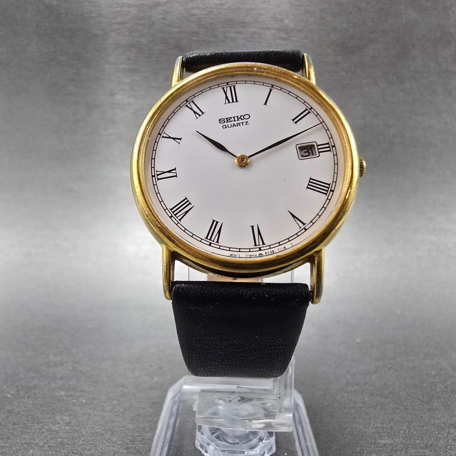 Seiko Watch Men 31mm White Dial Gold Tone Date READ!!!!!!! 5Y39-7010 New Battery5