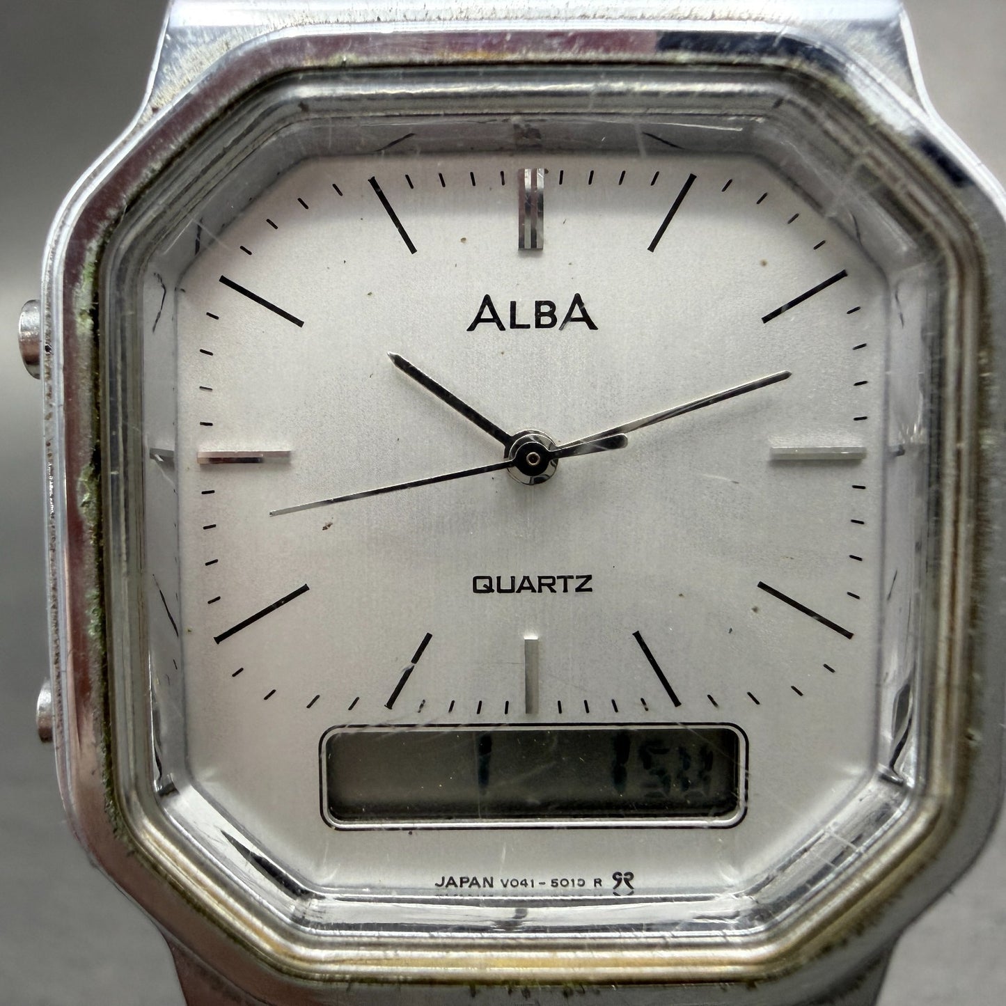 Seiko ALBA Watch Men 32mm Silver Dial Steel Analog Digital Alarm Chrono NewBat1