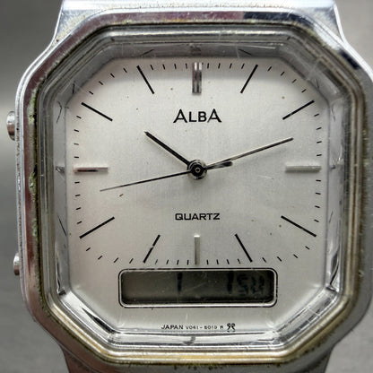 Seiko ALBA Watch Men 32mm Silver Dial Steel Analog Digital Alarm Chrono NewBat1