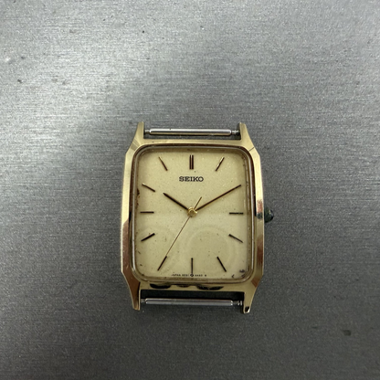 Seiko Tank Watch Men 27mm Cream Dial Gold Tone Rectangle 5E31-5A50 PARTS0