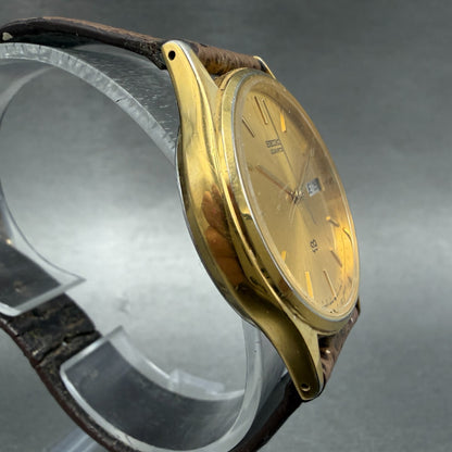 Seiko SQ Watch Men 34mm Champagne Dial Gold Tone Daydate 5Y23-7079 New Battery 53