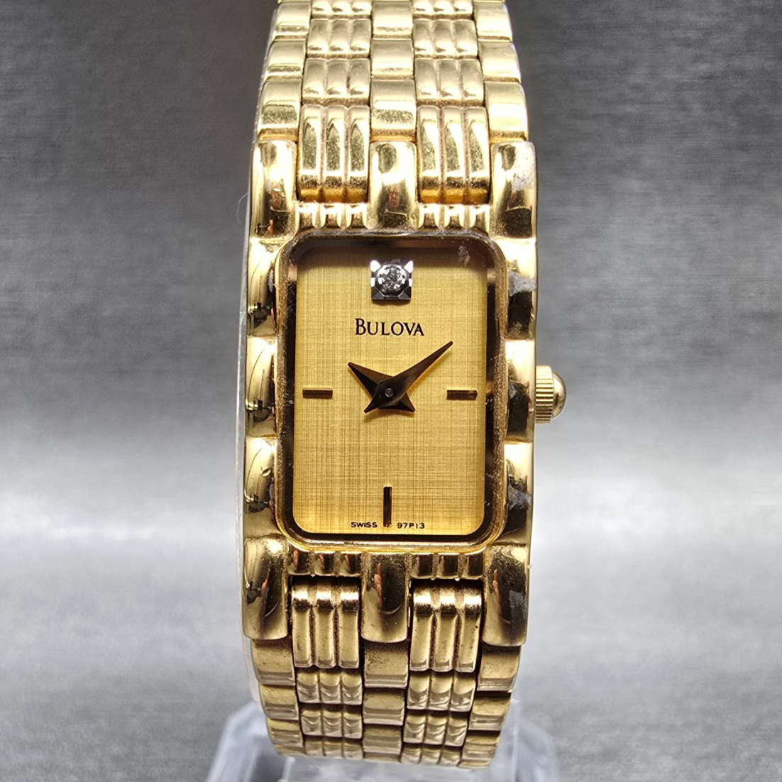 Bulova Tank Watch Women 14mm Gold Dial Gold Tone Rectangle 97P13 New Battery0