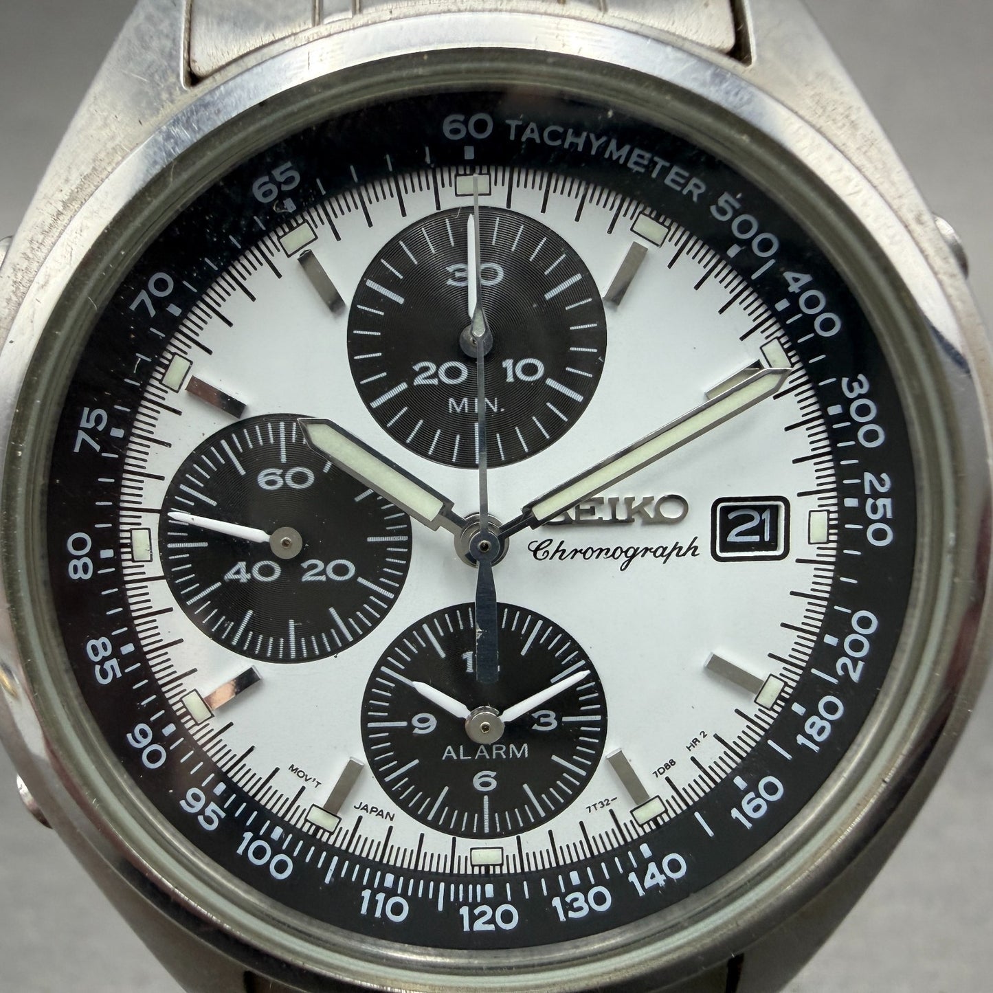 Seiko Chronograph Watch Men 39mm White Dial Steel Date Alarm Panda New Battery1