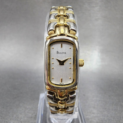Bulova Watch Women 13mm Silver Dial Two Tone Rectangle 98L49 New Battery0