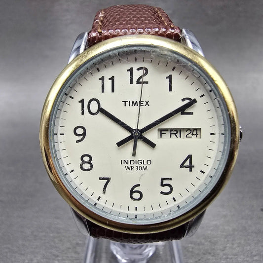 Timex Indiglo Watch Men 35mm White Dial Two Tone Daydate Round New Battery0