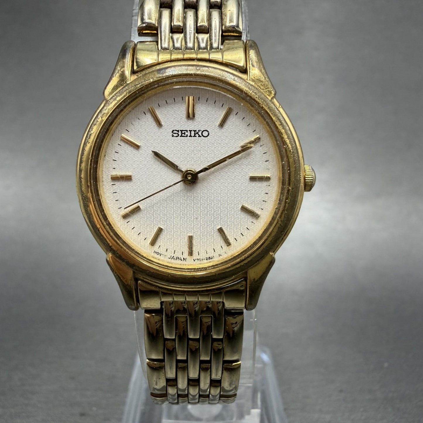 Seiko Watch Women 25mm White Dial Gold Tone Round V7011930 New Battery0
