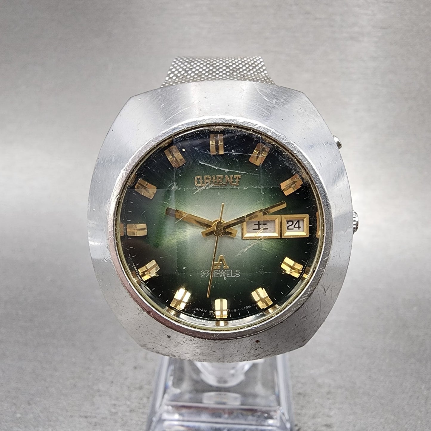 Orient Chrono Ace Watch Men 37mm Green Dial Steel Daydate Cushion Automatic Runs0