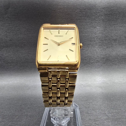 Seiko Watch Men 27mm Champagne Dial Gold Date Rectangle 7N39-5A39 New Batt95