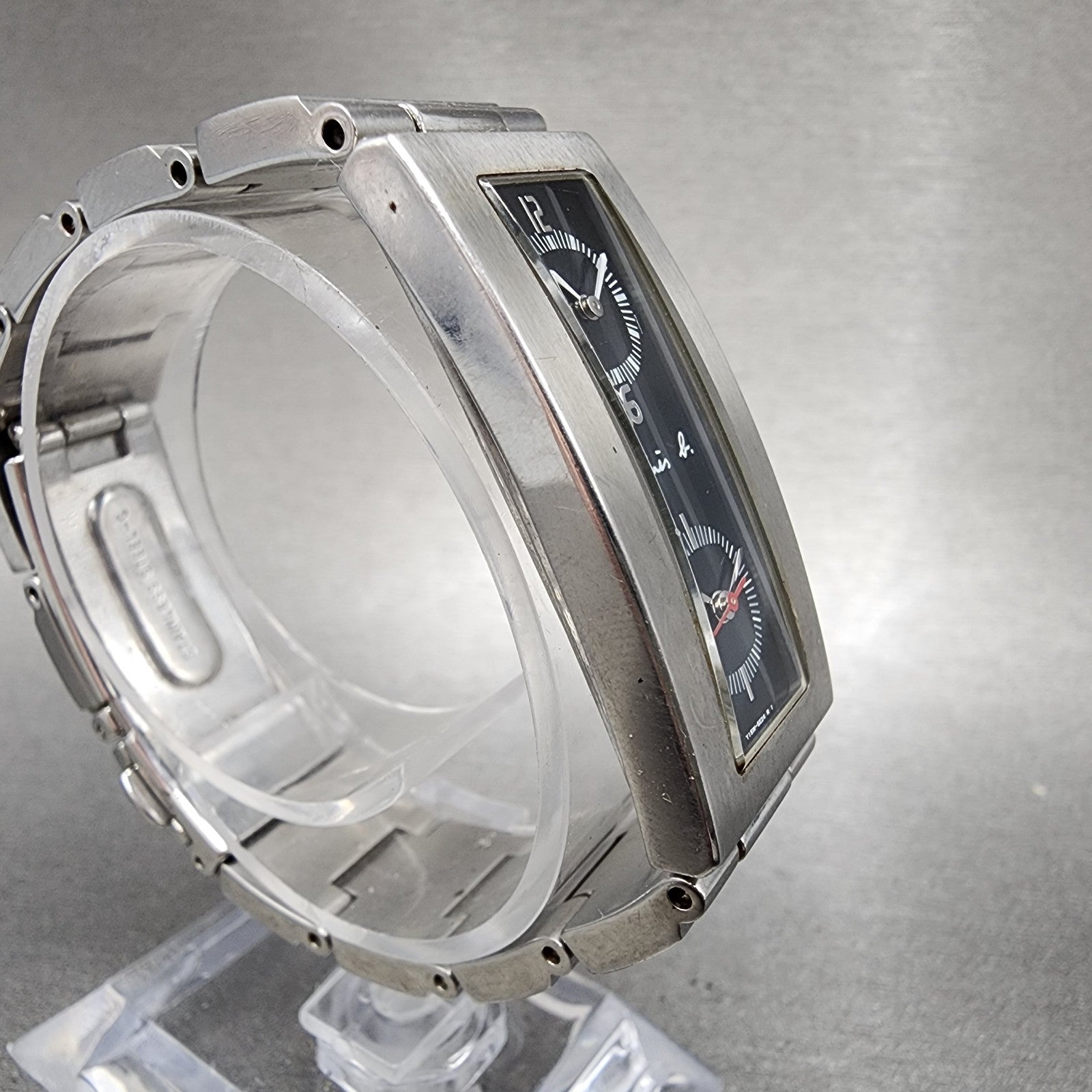 Anges B Dual Time Watch Women 19mm Black Dial Steel Rectangle New Battery3