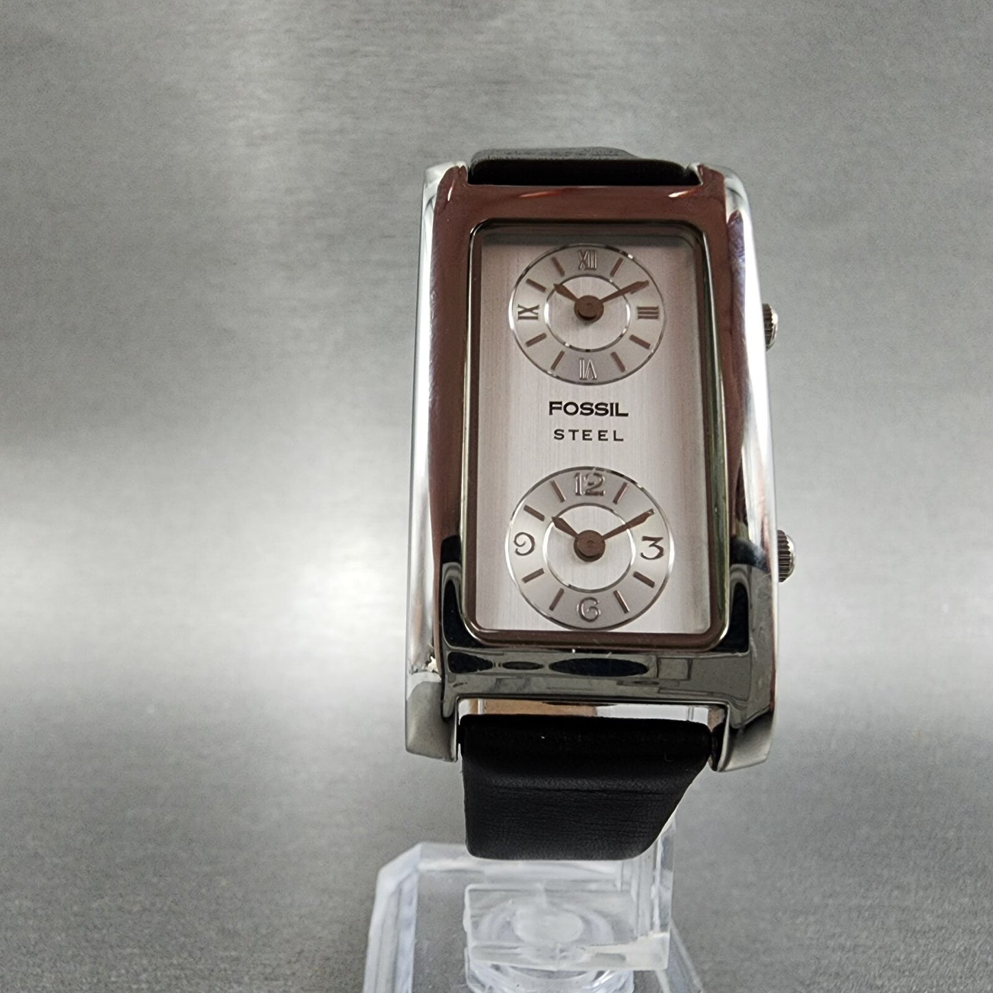 Fossil Steel Dual Time Watch Women 23mm Silver Dial Silver Tone Rectangle NewBat5