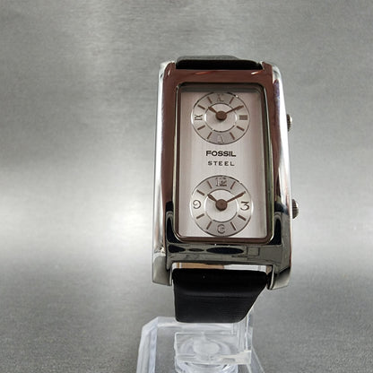 Fossil Steel Dual Time Watch Women 23mm Silver Dial Silver Tone Rectangle NewBat5