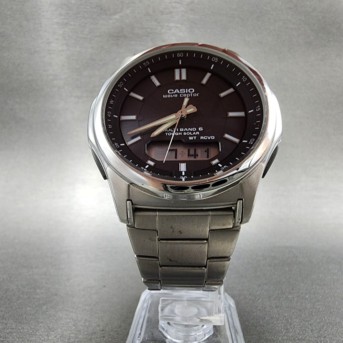 Casio Wave Ceptor Watch Men 42mm Black Dial Steel Solar Analog Digital Works5