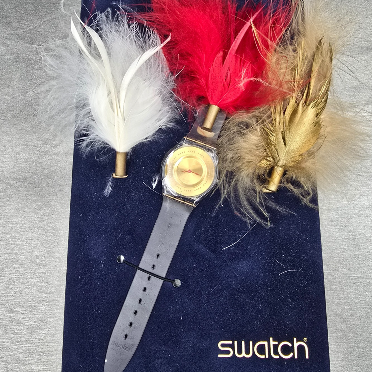 Swatch Plume de Fête Watch Men 34mm Gold Dial Clear Case SFK136 New Battery NOS1