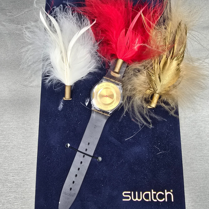 Swatch Plume de Fête Watch Men 34mm Gold Dial Clear Case SFK136 New Battery NOS1
