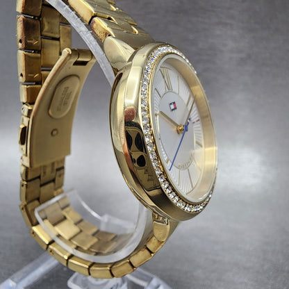Tommy Hilfiger Watch Women 36mm White Dial Gold Tone Crystal Bezel Round Newbatt3