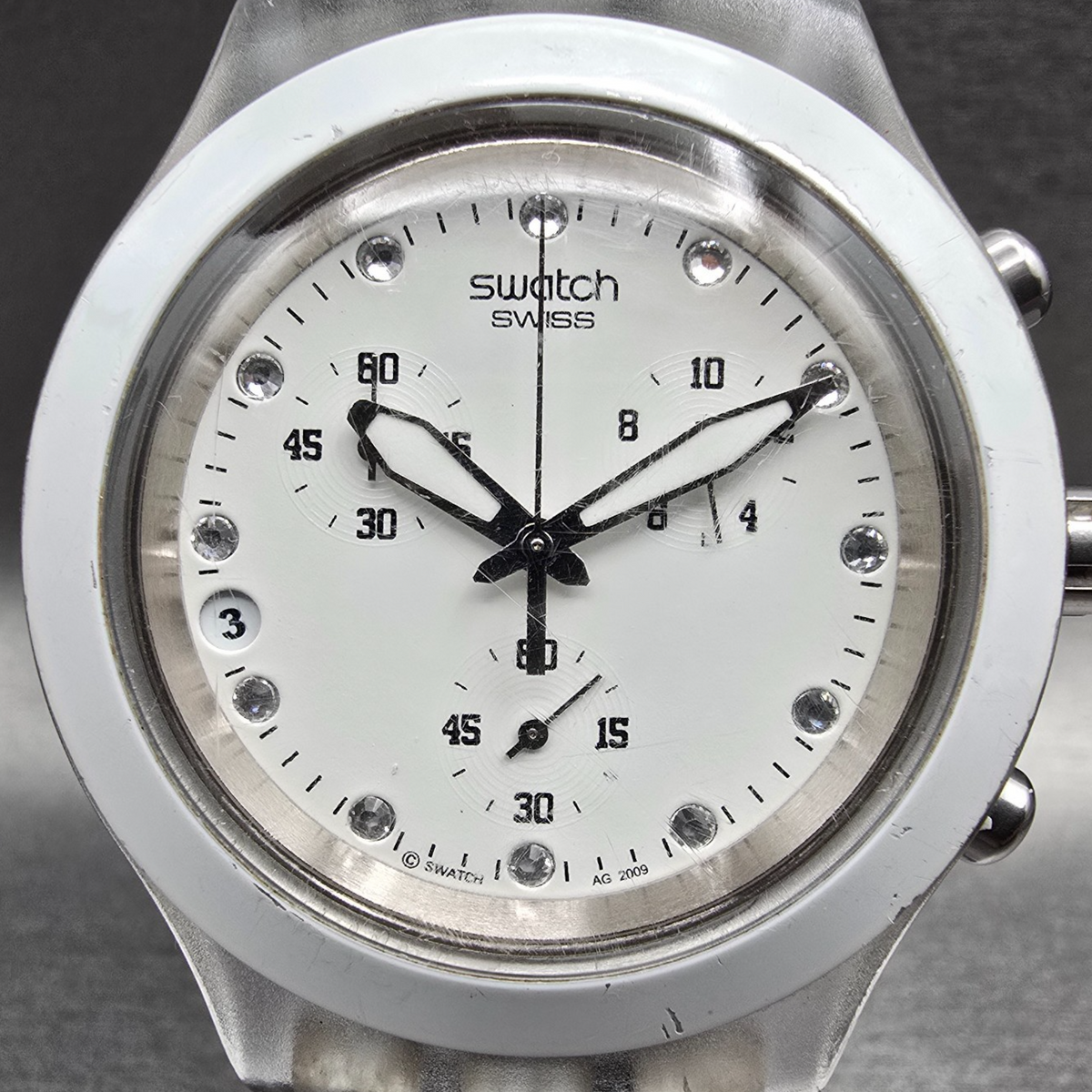 Swatch Irony Diaphane Full-Blooded Chrono Watch Men 43mm White Dial Clear NewBat1
