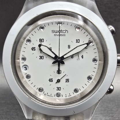Swatch Irony Diaphane Full-Blooded Chrono Watch Men 43mm White Dial Clear NewBat1