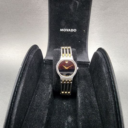 Movado Esperanza Watch Women 23mm Black Dial Two Tone Round 84A11821 New Batt A10