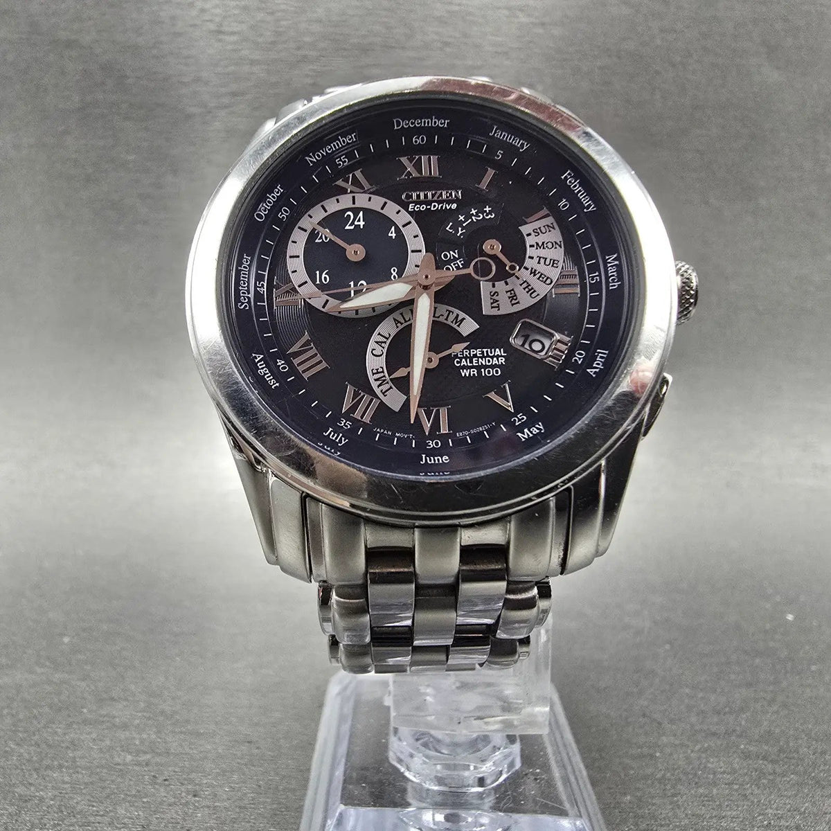 Citizen Eco-Drive Perpetual Calendar Watch Men 39mm Black Dial Steel Alarm RunsF5