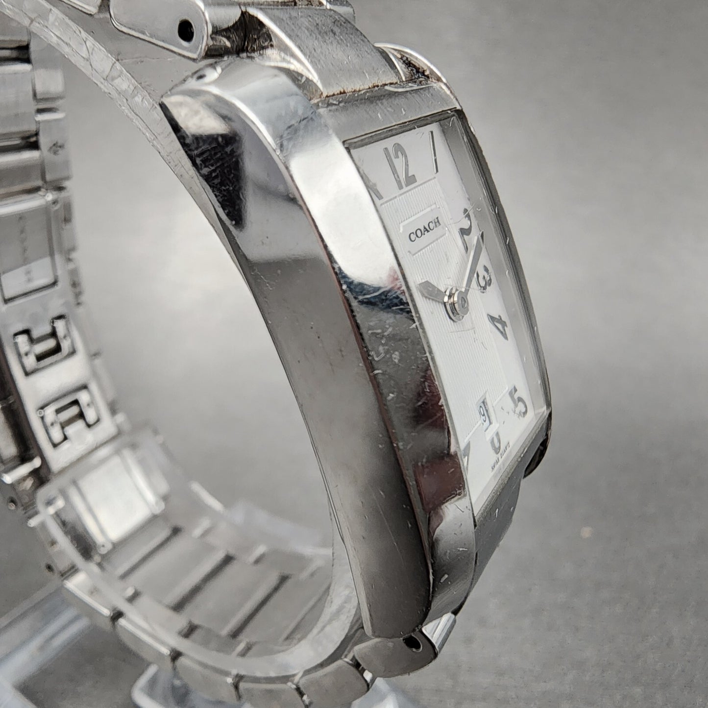 Coach Tank Watch Women 22mm White Dial Stainless Steel Date Rectangle New Batt5