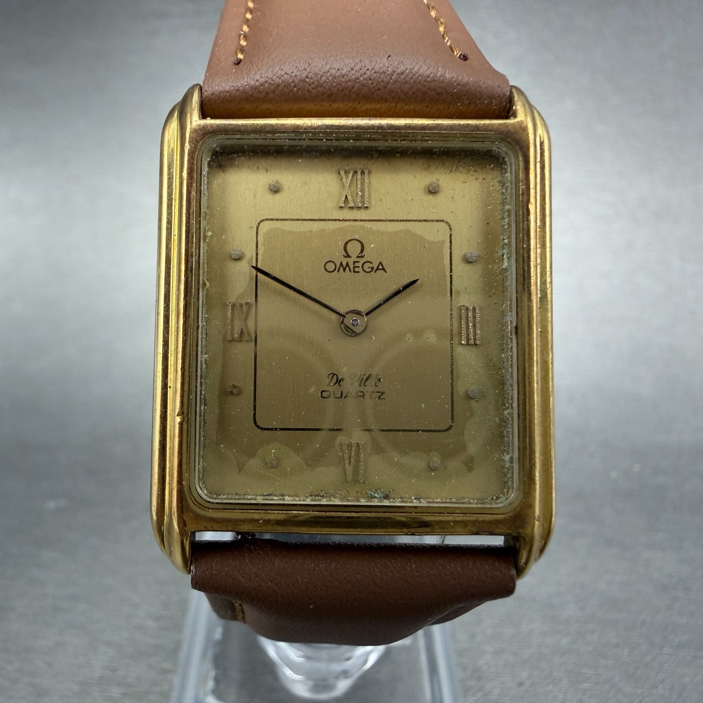 Omega De Ville Tank Watch Men 26mm Gold Dial Gold Tone Rectangle 1365 New batt1