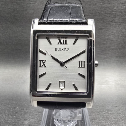 Bulova Tank Watch Men 29mm Silver Dial Silver Tone Date Rectangle 96B107 New Bat0