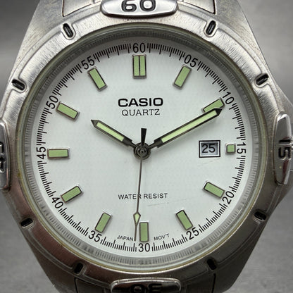 Casio Dive Watch Men 41mm White Dial Silver Tone Date Round MTP-1244 New Batt 9E1