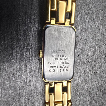 Seiko Watch Women 15mm White Dial Gold Tone Rectangle 4N00-7089 New Battery VTG10