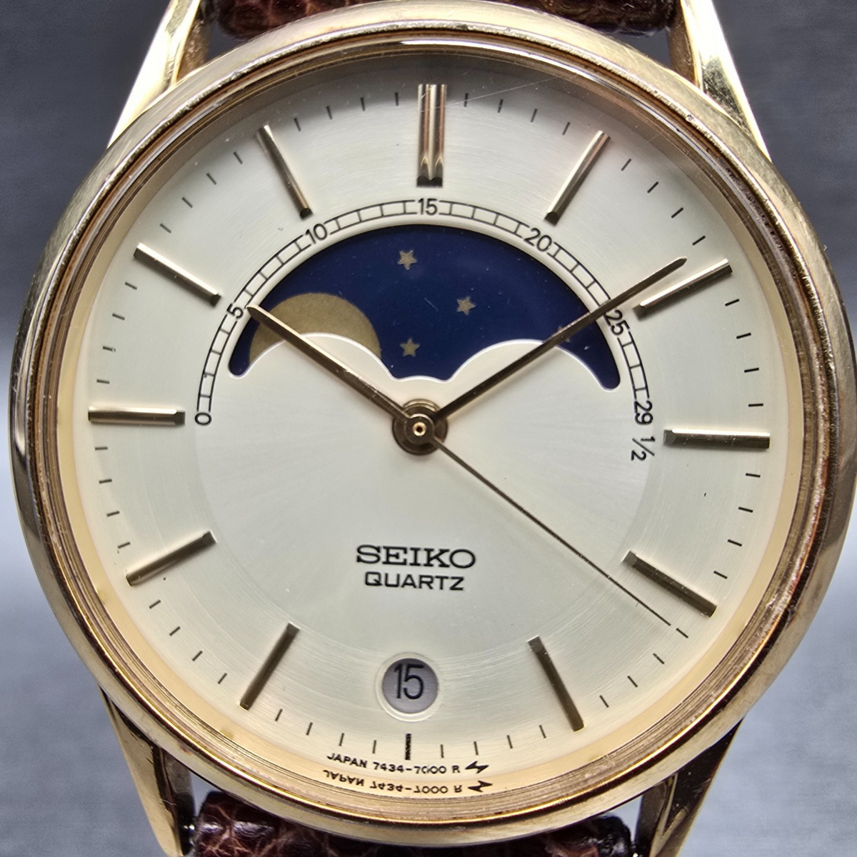 Seiko Moon Phase Watch Men 32mm Ivory Dial Gold Date 7434-7008 New Battery1