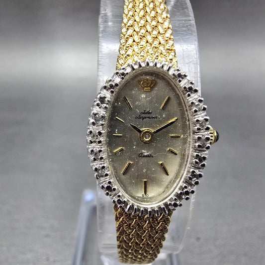 Jules Jurgenson Watch Women 15mm Champagne Dial Gold Oval Gem Set Bezel New Batt0