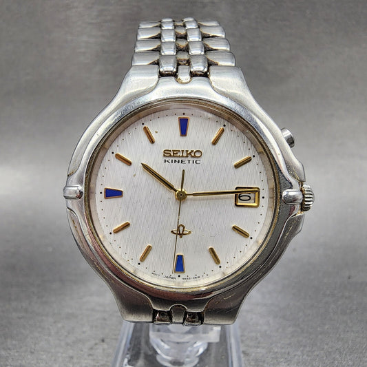 Seiko Kinetic Watch Men 37mm White Dial Steel Date Round 5M420A50 PARTS0