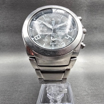 Seiko Chronograph Watch Men 38mm Black Dial Silver Tone Alarm 7T62-0EE0 New Batt5