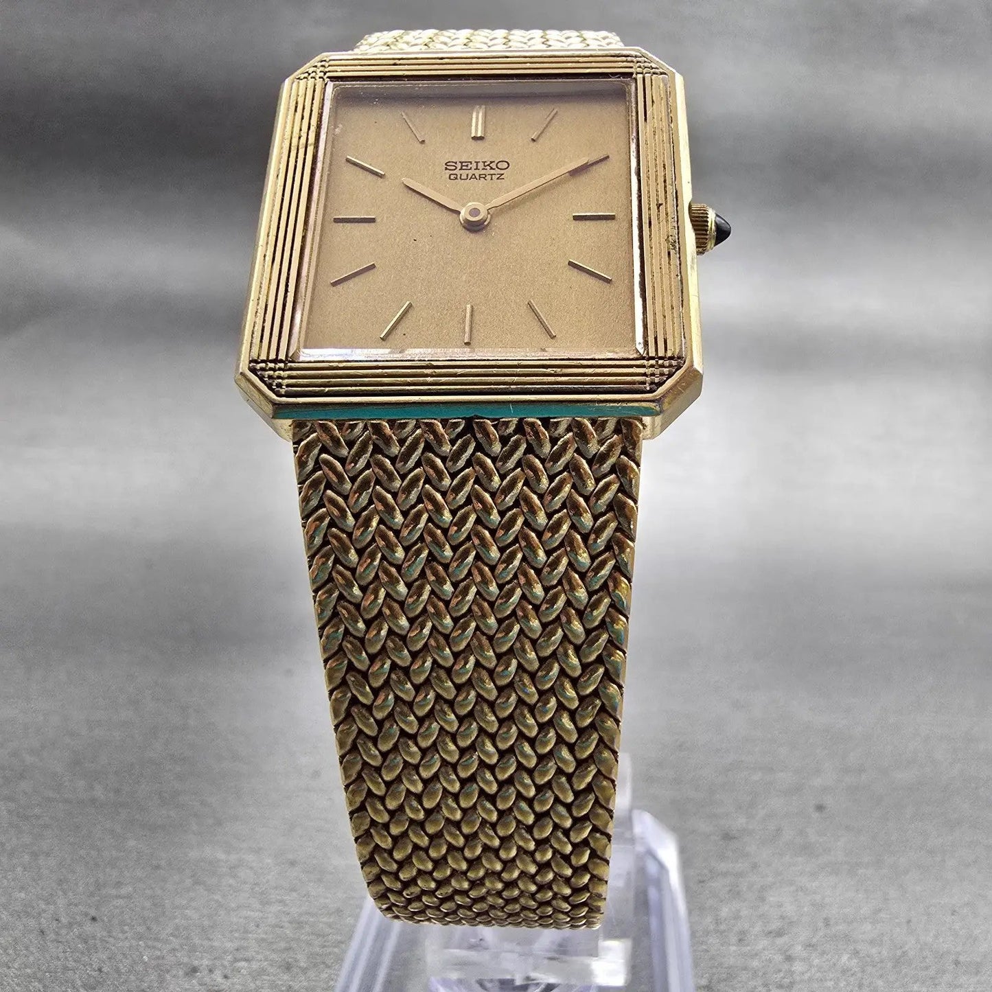 Seiko Watch Men 26mm Gold Dial Gold Tone Rectangle 6020-5339 New Battery Vintage5