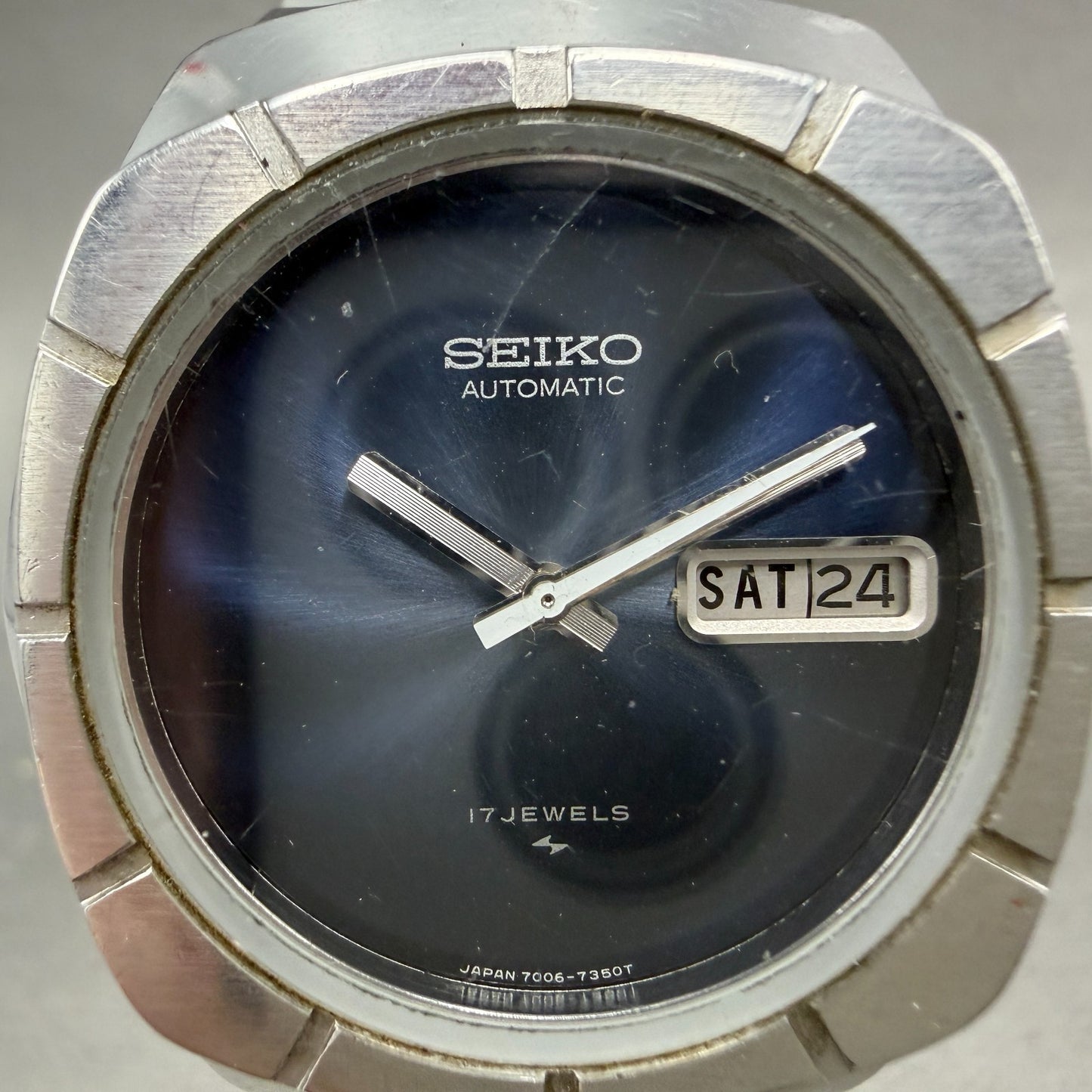 Seiko Automatic Watch Men 37mm Blue Dial Steel Daydate Hexagon 7006-7219 Runs1