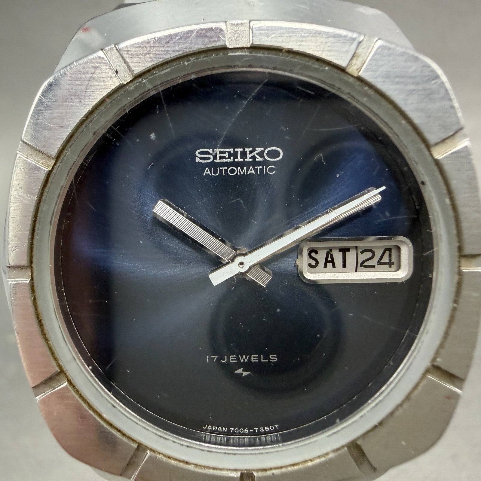 Seiko Automatic Watch Men 37mm Blue Dial Steel Daydate Hexagon 7006-7219 Runs1