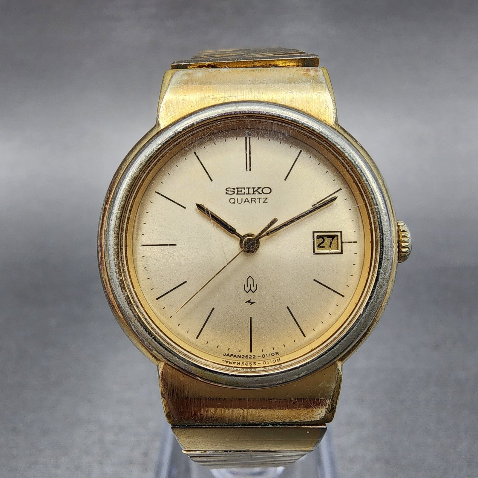 Seiko Watch Women 26mm Champange Dial Gold Tone Date Round 26220070 New Battery0