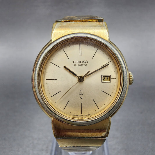 Seiko Watch Women 26mm Champange Dial Gold Tone Date Round 26220070 New Battery0