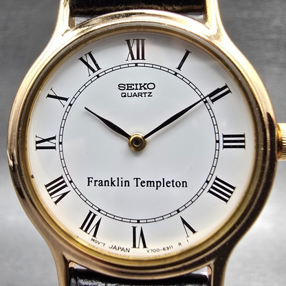 Seiko Watch Women 25mm White Dial Gold Tone Round V700-6091 New Battery VTG JP1