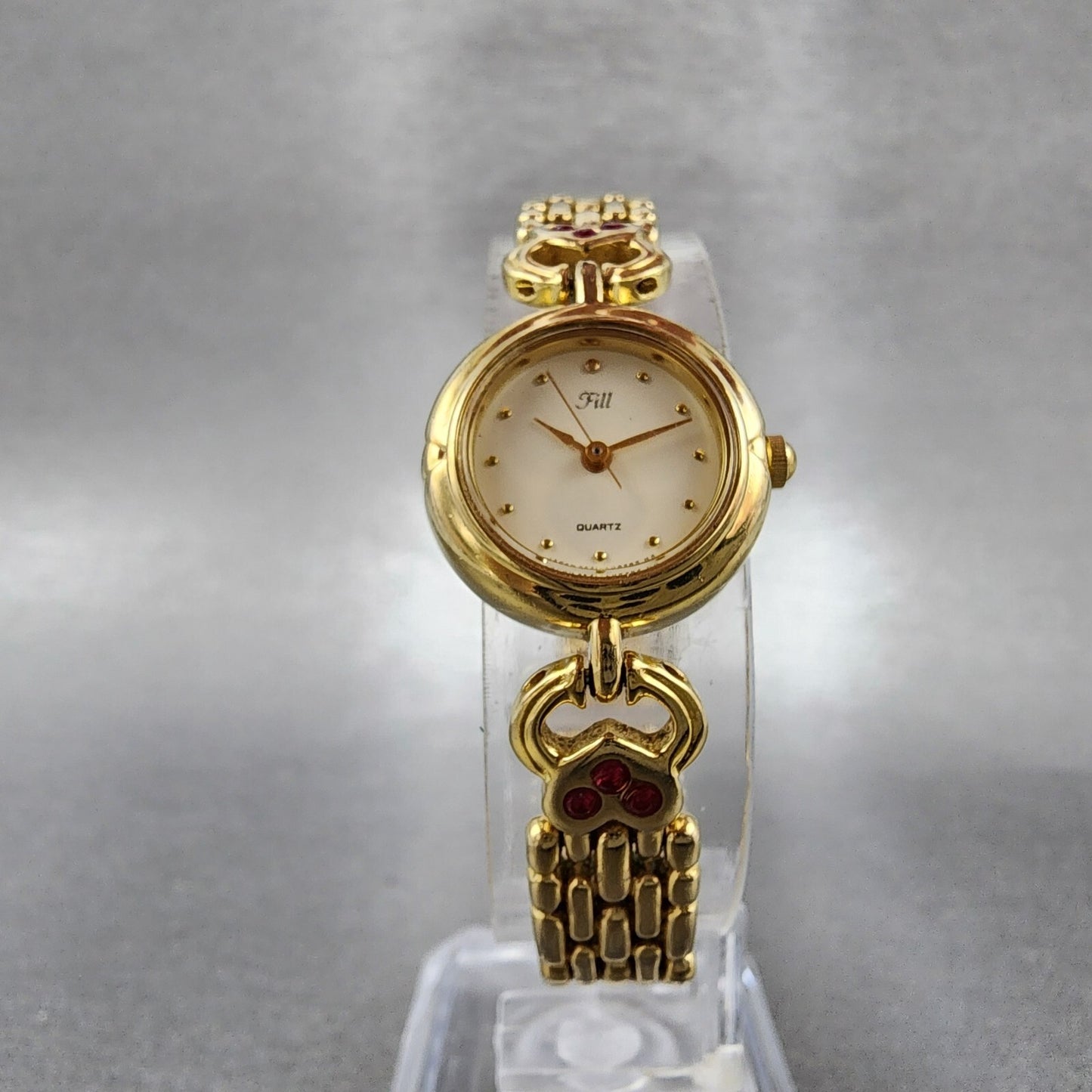 Vega Fill Watch Women 19mm Cream Dial Gold Tone Round Red Gems New Battery5