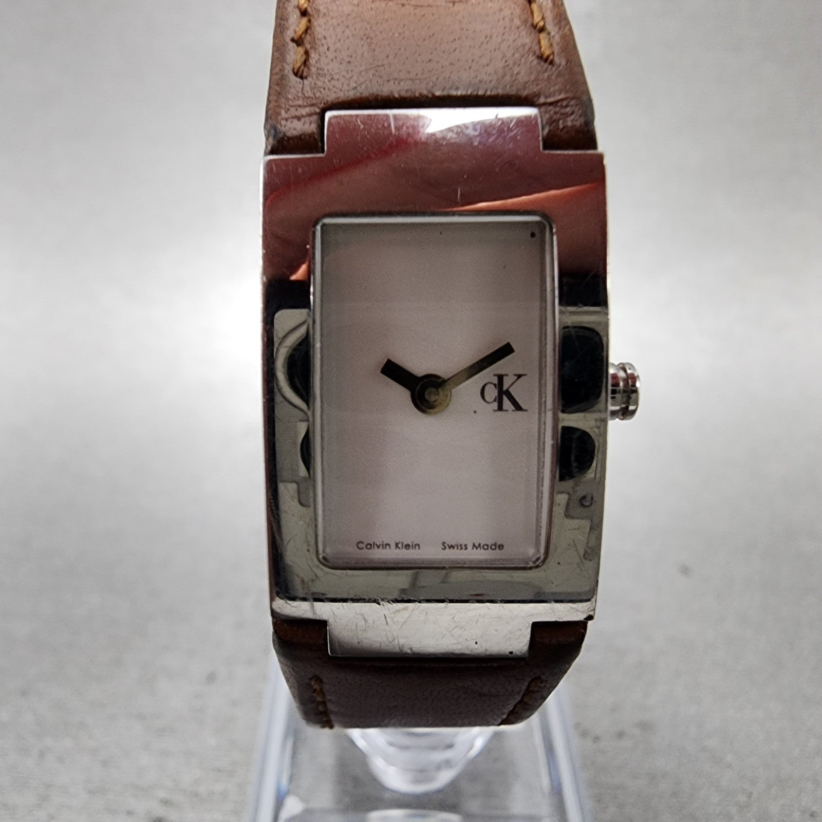 Calvin Klein Tank Watch Women 17mm White Dial Silver Tone Rectangle New Battery1