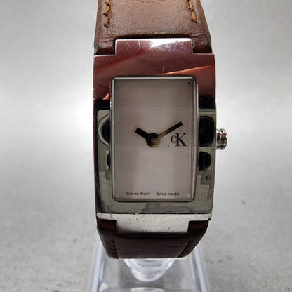 Calvin Klein Tank Watch Women 17mm White Dial Silver Tone Rectangle New Battery1