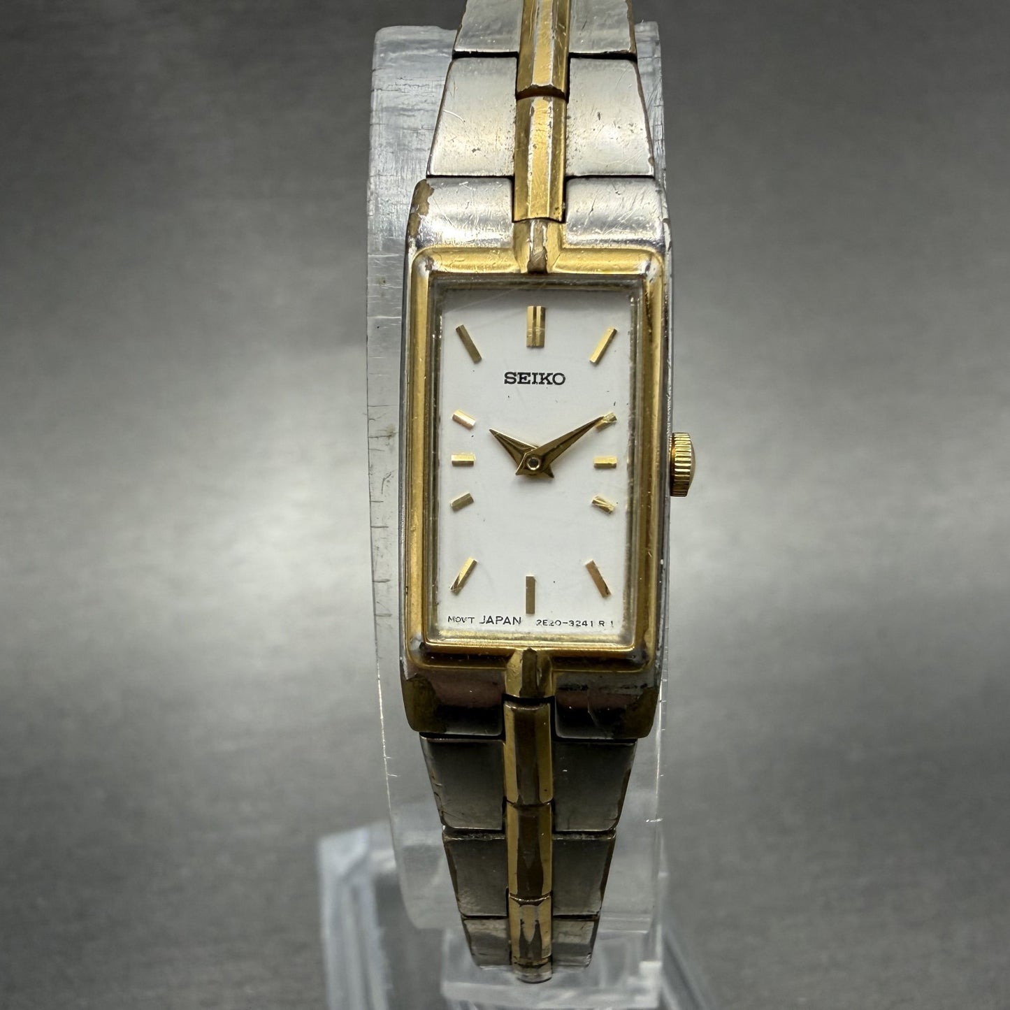 Seiko Watch Women 13mm White Dial Two Tone Rectangle 2E20-7479 New Batt C3210