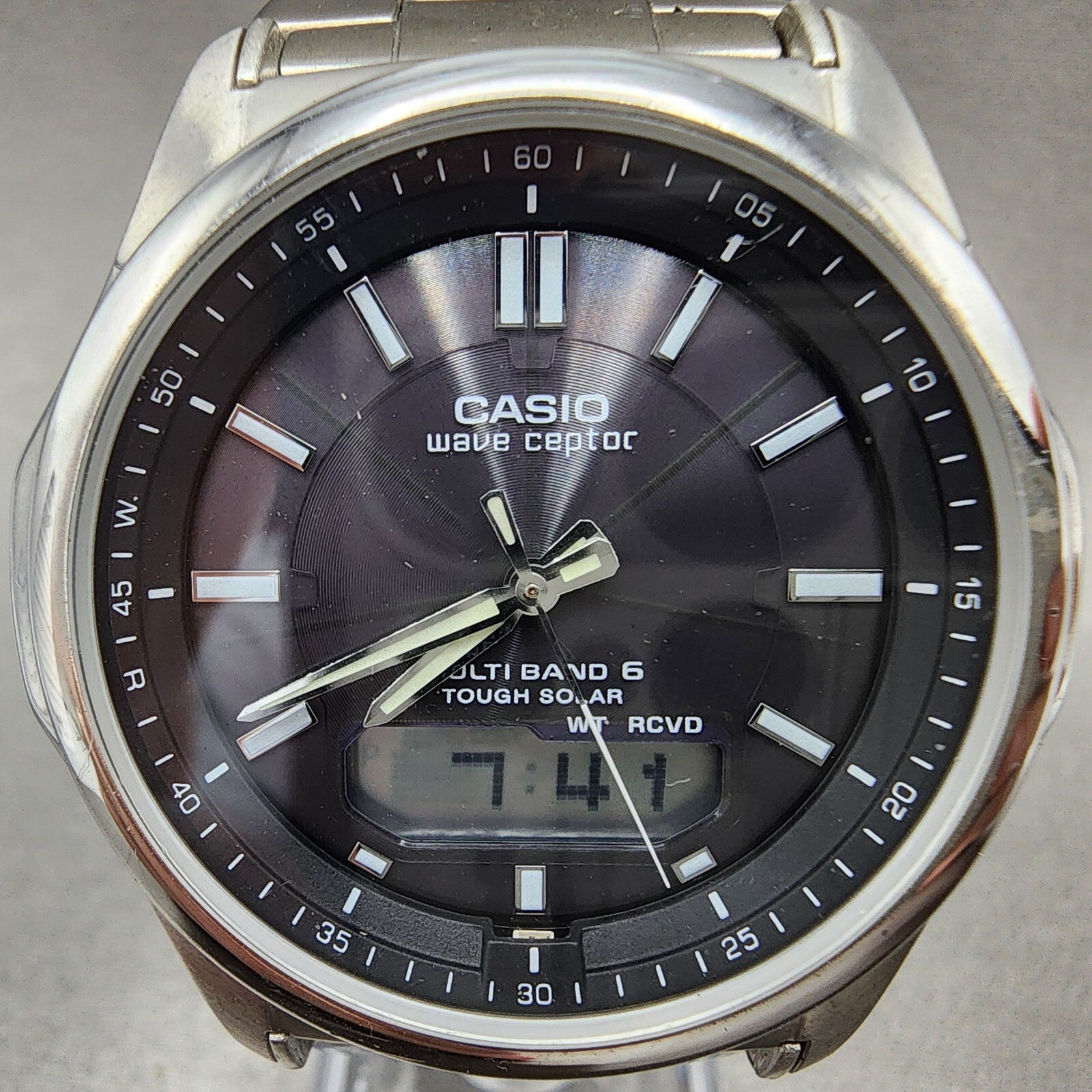 Casio Wave Ceptor Watch Men 42mm Black Dial Steel Solar Analog Digital Works1