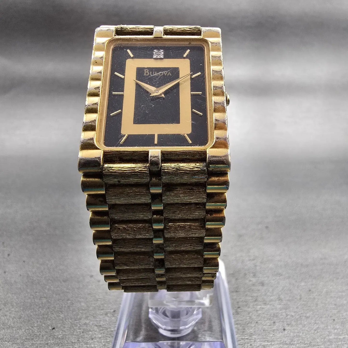 Bulova Watch Men 25mm Black Dial Gold Tone Diamond Rectangle 92M51 New Battery5