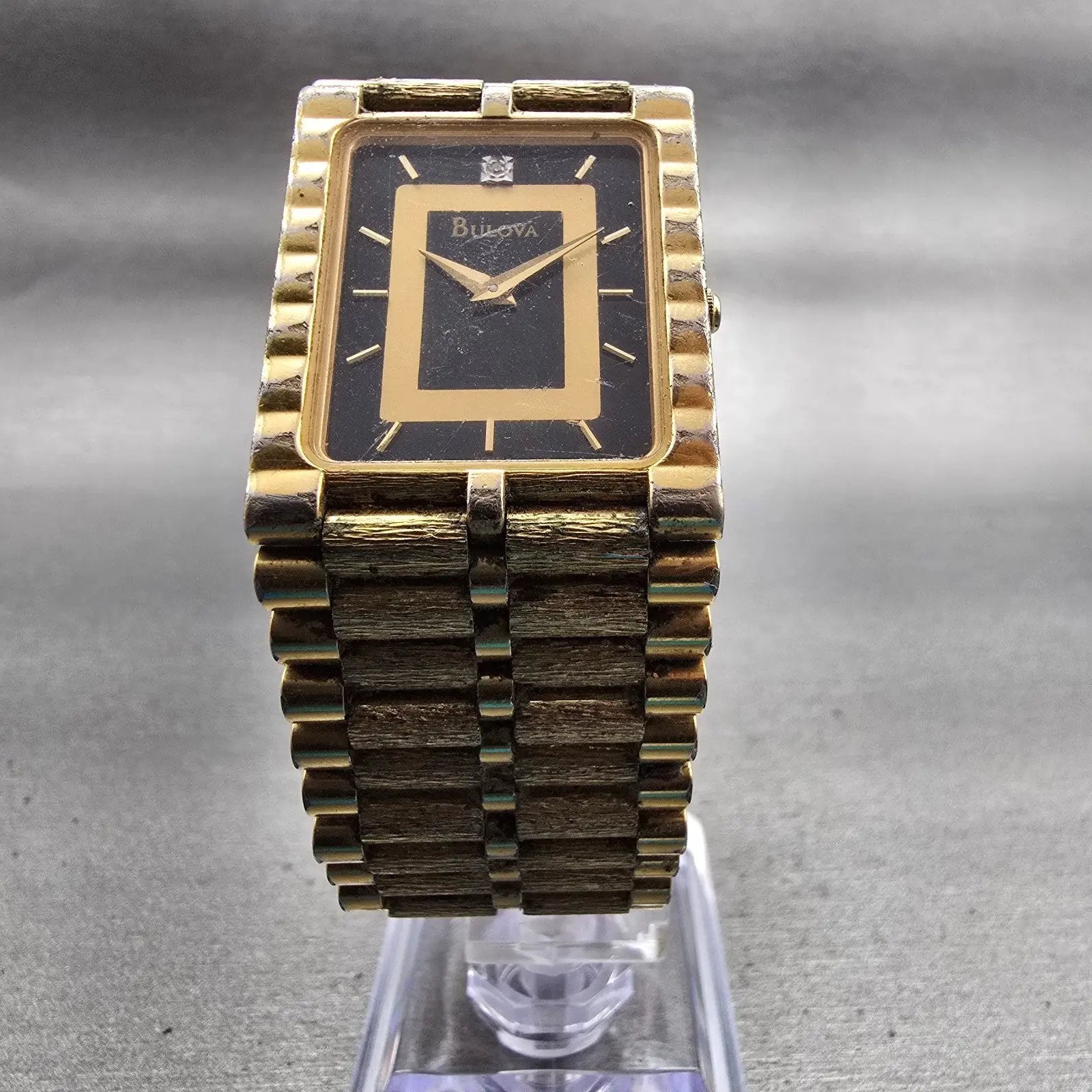 Bulova Watch Men 25mm Black Dial Gold Tone Diamond Rectangle 92M51 New Battery5